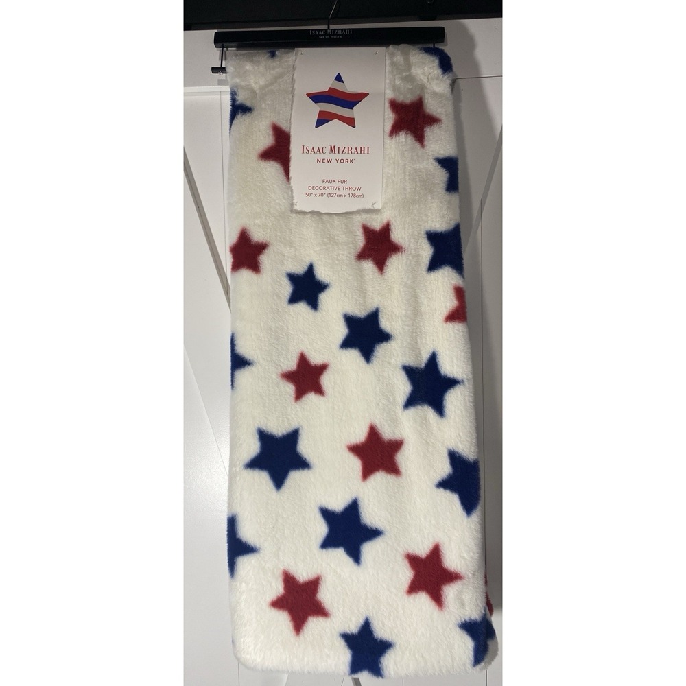 Isaac Mizrahi New York Patriotic Stars Faux Fur Throw Blanket 50x70 NWT Luxury